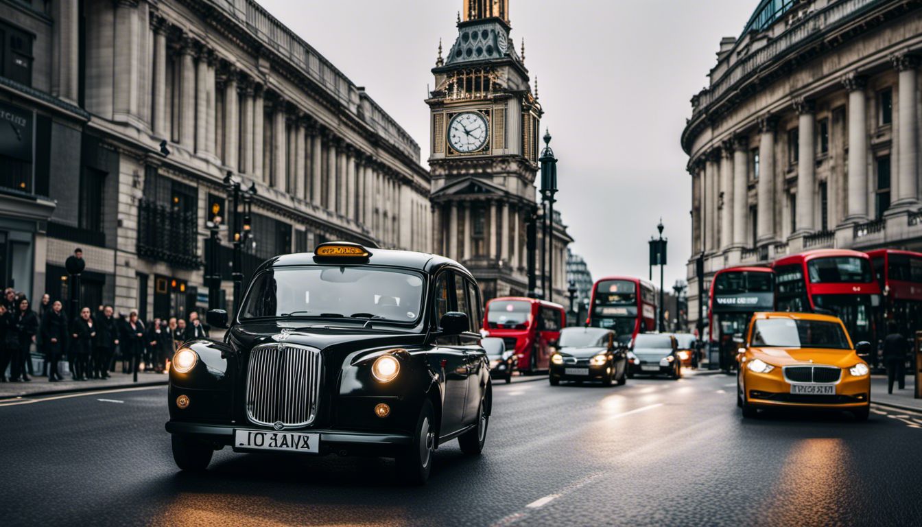 A Black Cab Drives Through The Busy Streets Of London, Capturing Diverse Faces, Hairstyles, And Outfits In A Bustling Atmosphere.