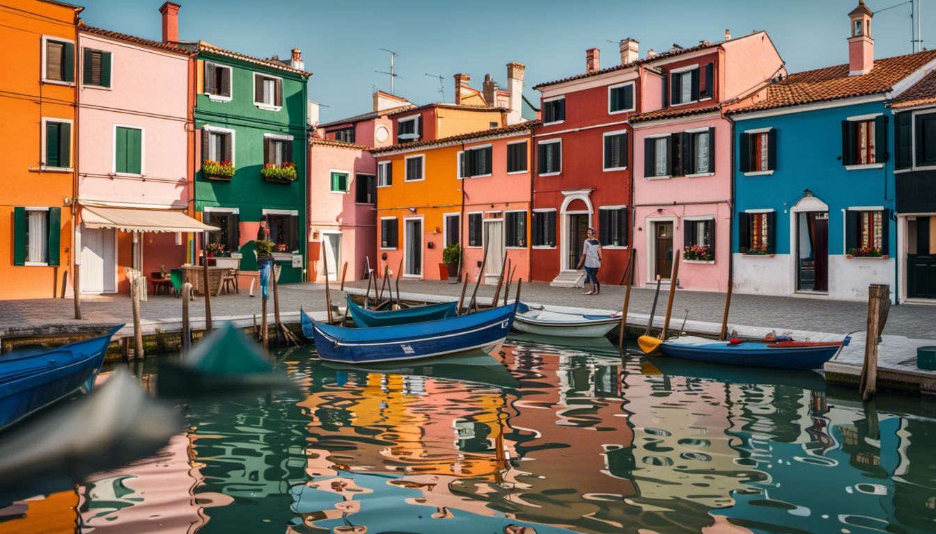 Colorful Houses Of Burano Island With Different Faces, Hair Styles, And Outfits, Surrounded By Calm Waters.