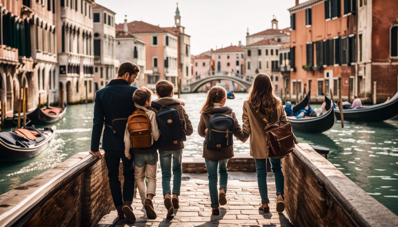 A Family Exploring The Canals Of Venice With Famous Landmarks In The Background.