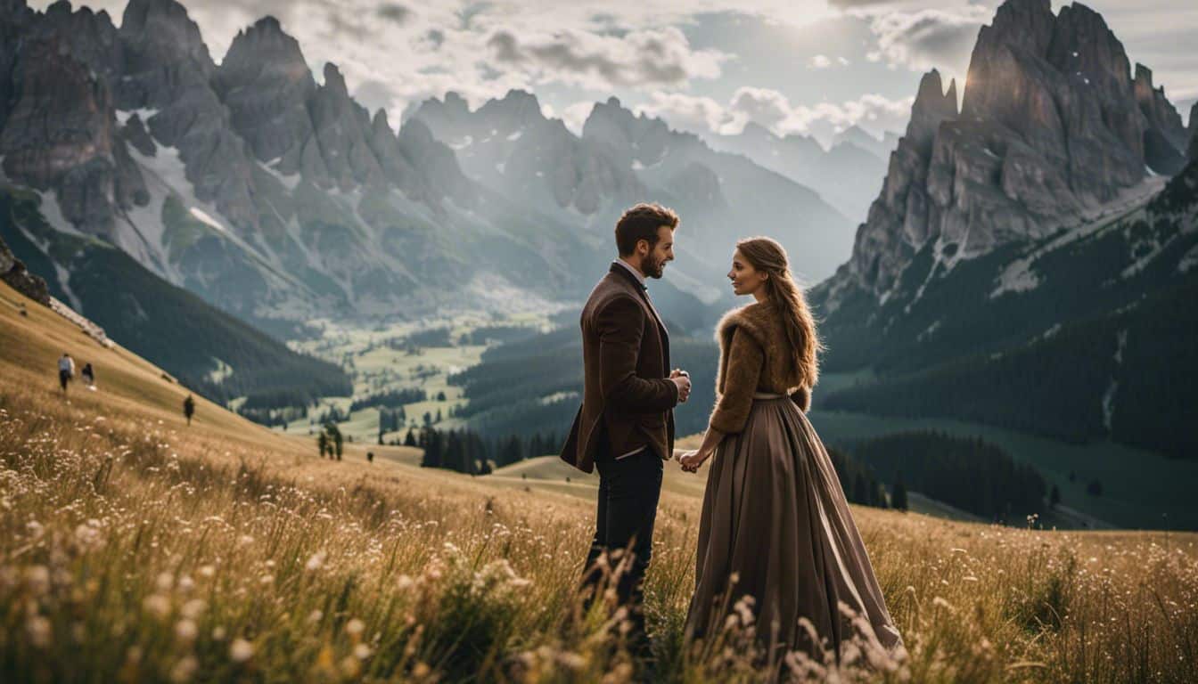 A Man And Woman Stand In The Dolomites Mountains, Showcasing Different Faces, Hair Styles, And Outfits In A Scenic Landscape.