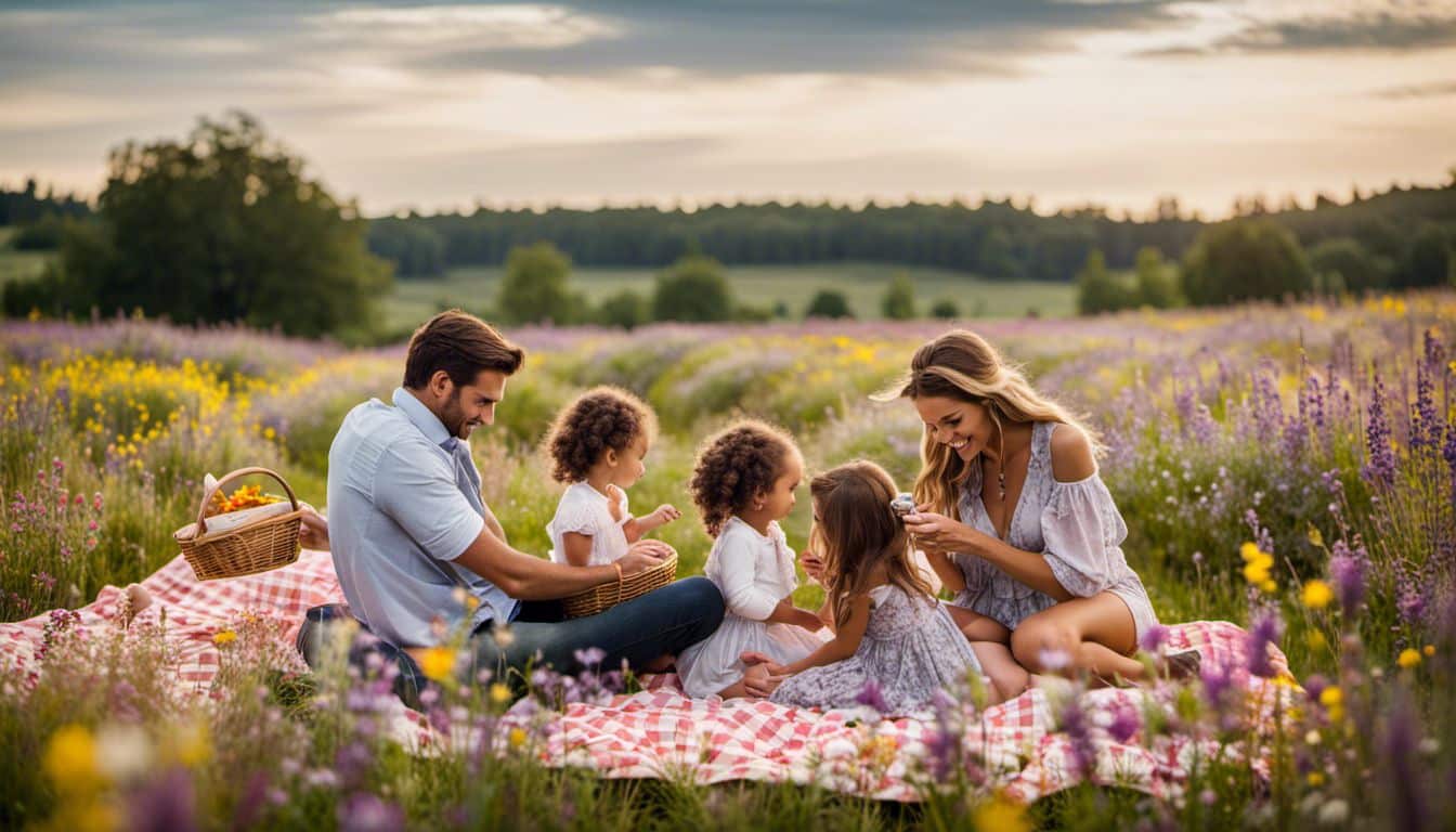 A Diverse Family Enjoying A Picnic In A Beautiful Field Of Wildflowers, Captured In A Stunning And Crisp Photograph.