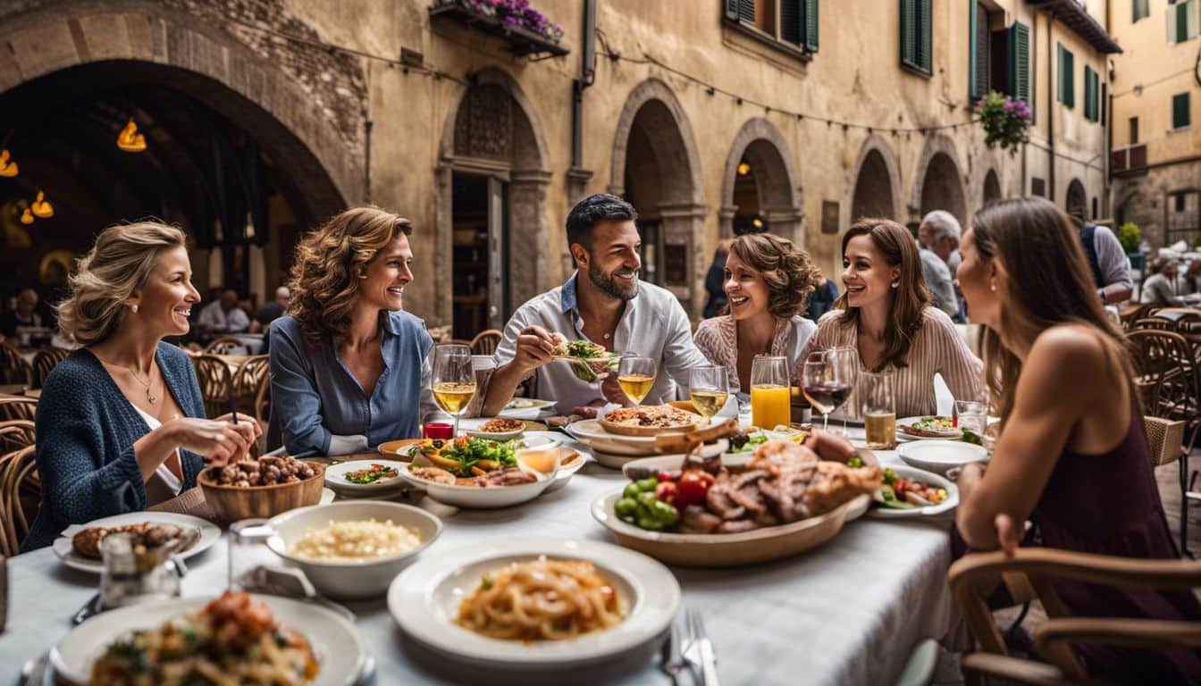 A Diverse Family Enjoys A Traditional Tuscan Meal At An Outdoor Restaurant In Florence.