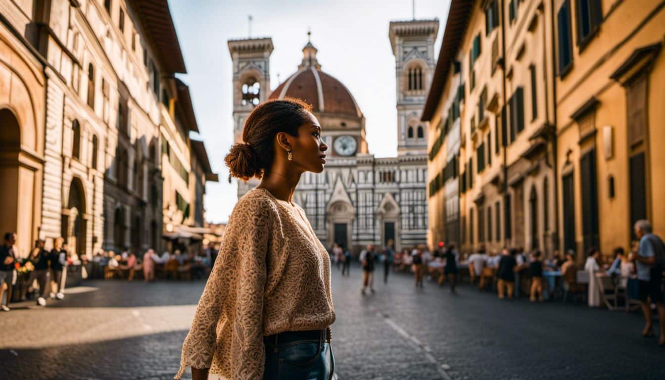 A Woman Enjoying The Vibrant Cityscape Of Florence With Its Iconic Architecture And Diverse People.