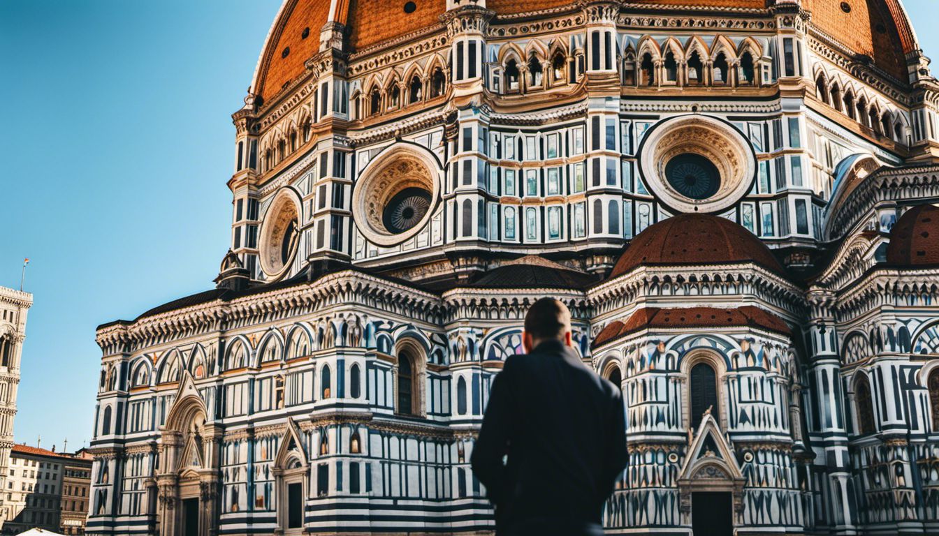 Santa Maria Del Fiore's Majestic Dome In A Bustling Cityscape, Showcasing Different Faces, Hair Styles, And Outfits.