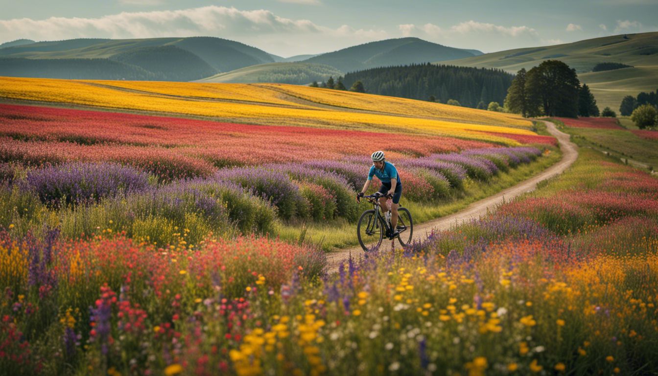 A Cyclist Rides Through A Vibrant Field Of Wildflowers, Surrounded By Nature's Beauty And Captured In Stunning Detail.