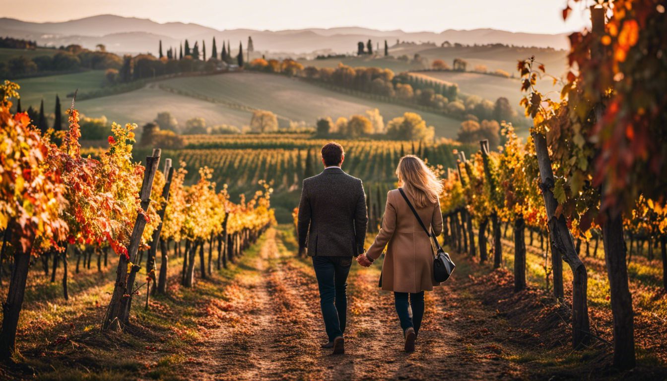 A Picturesque Autumn Scene Of Lush Vineyards In Tuscany With People Of Different Ethnicities And Styles Enjoying The Bustling Atmosphere.