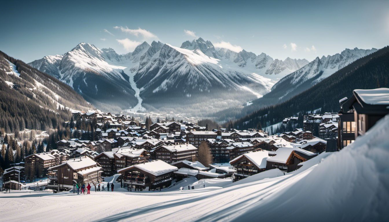A Scenic Snowy Mountain Landscape With A Ski Resort In The Background, Capturing Various Faces And Outfits.