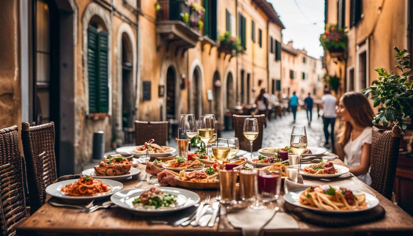 A Table Set With Italian Dishes In A Charming Italian Town, Overlooking Picturesque Streets, With Diverse People Enjoying The Scene.