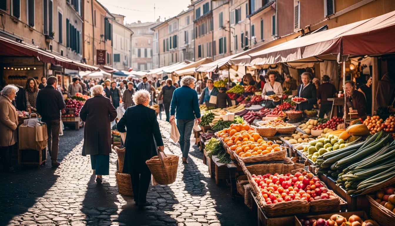 A Vibrant Italian Street Market Bustling With Lively Vendors And Colorful Produce In A Charming Town.