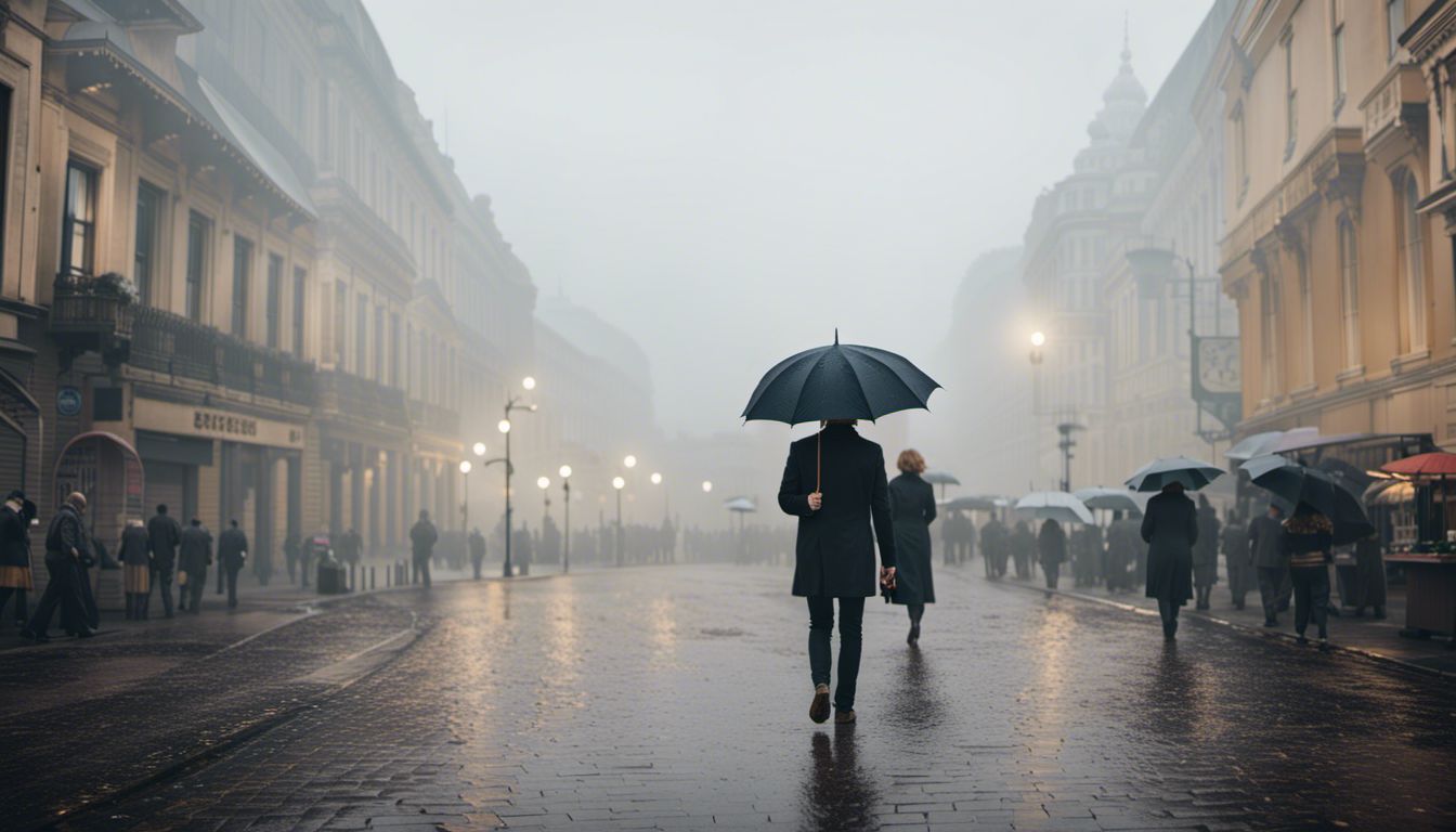 A Person With An Umbrella Walks Through A Foggy Street In A Bustling City, Captured In A Well-Lit, Cinematic Style.