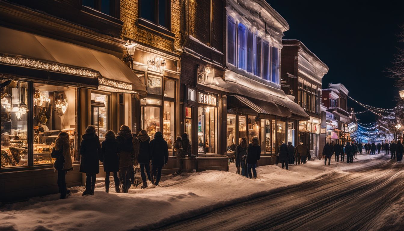 A Vibrant Night Scene Showcasing Main Street Park City With Diverse People, Storefronts, And A Bustling Atmosphere.