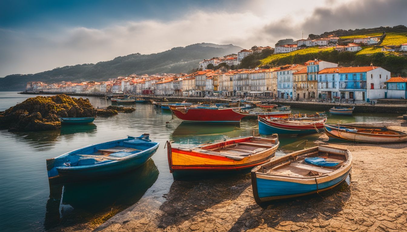 Colorful Fishing Village With Traditional Boats In Viana Do Castelo, Capturing Bustling Atmosphere And Unique Diversity.
