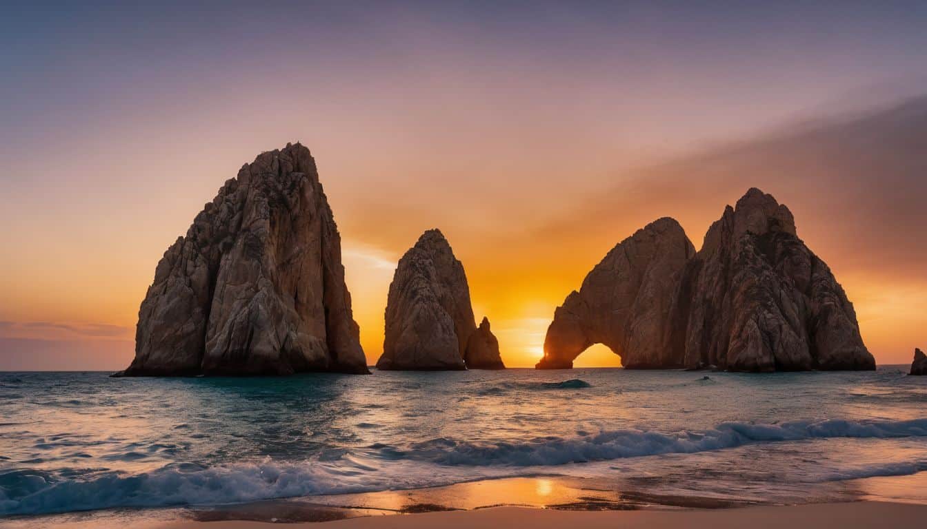 A Stunning Photograph Of A Vibrant Sunset Behind Iconic Rock Formations In Cabo San Lucas, With A Diverse And Bustling Atmosphere.