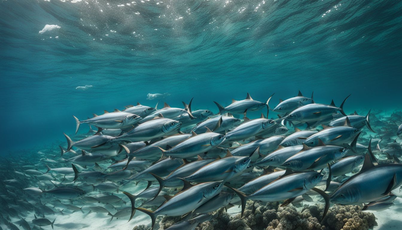 A Vibrant Underwater Shot Of A School Of Tuna Swimming In The Crystal-Clear Waters Of Cabo San Lucas During A Fishing Tournament.