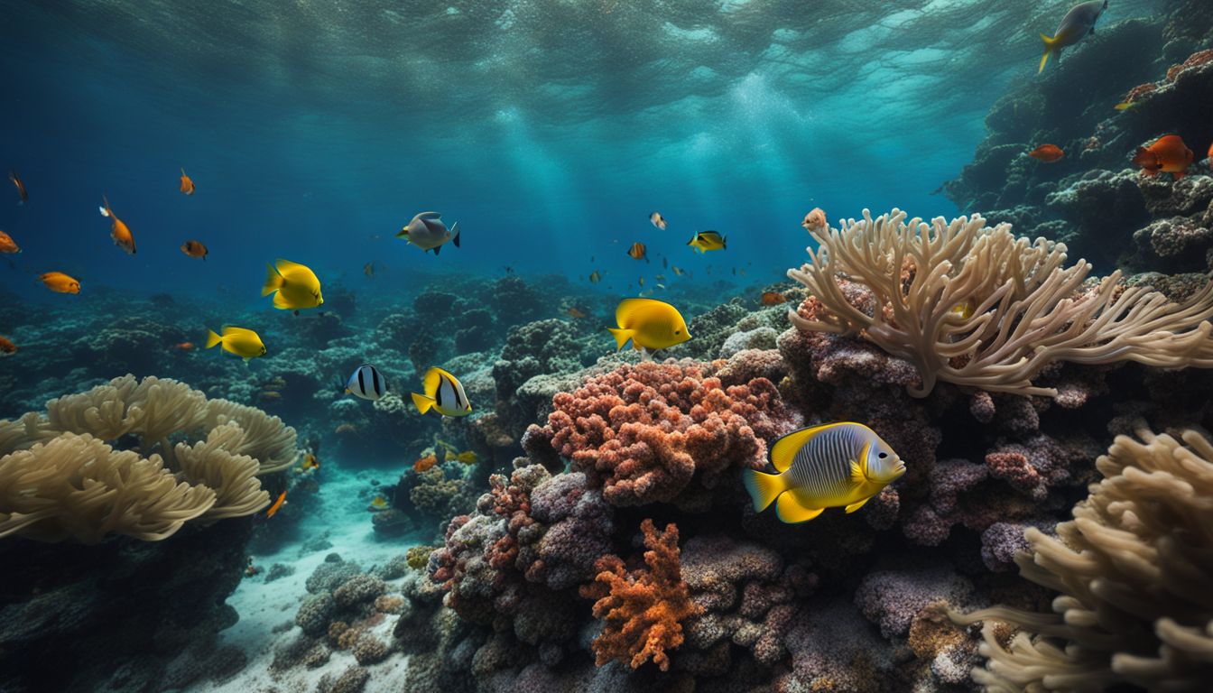 An Underwater Photo With Vibrant Coral, Tropical Fish, And Diverse Scenery, Captured With High-Quality Equipment For A Realistic And Stunning Visual.