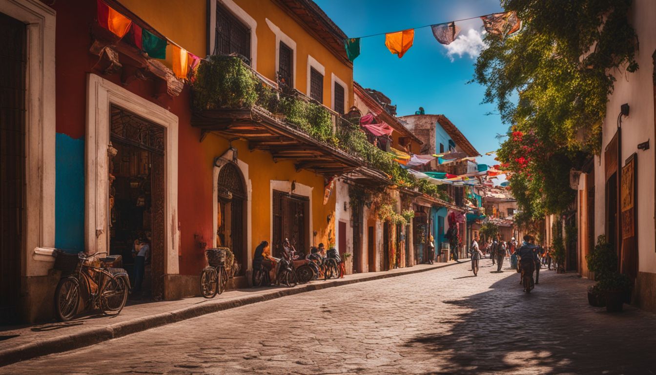 A Vibrant Street In Mexico Filled With Colorful Artwork And Traditional Architecture, Capturing The Bustling Atmosphere And Diverse Faces.