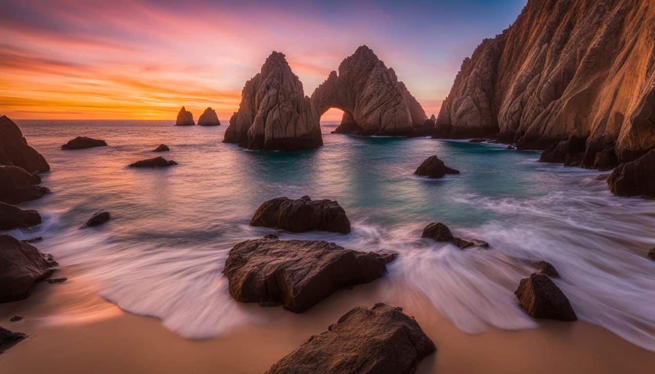 A Stunning Sunset Over The Rock Formations Of Cabo San Lucas Without Any Humans In The Scene.