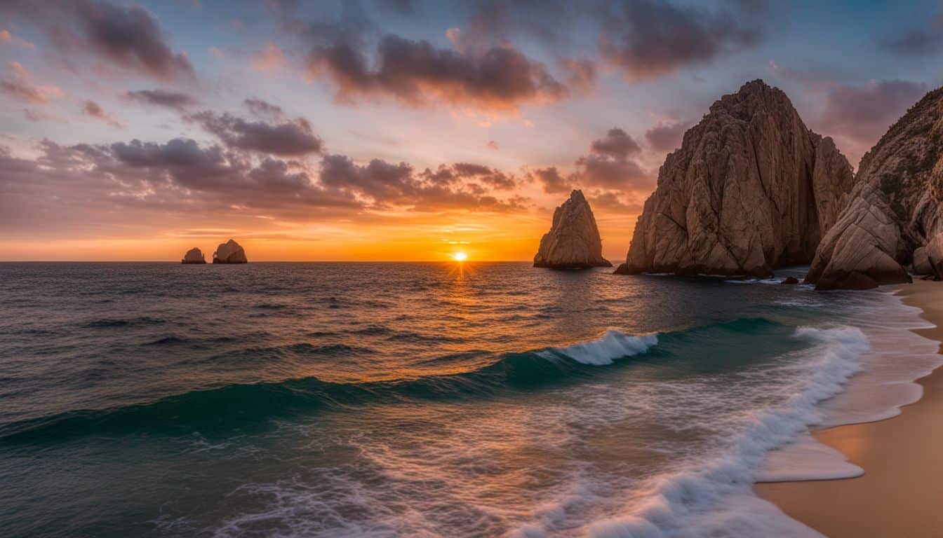 A Colorful Sunset Over Cabo San Lucas Bay With A Diverse Seascape, Showcasing Different Hairstyles And Outfits, Captured In High Resolution.