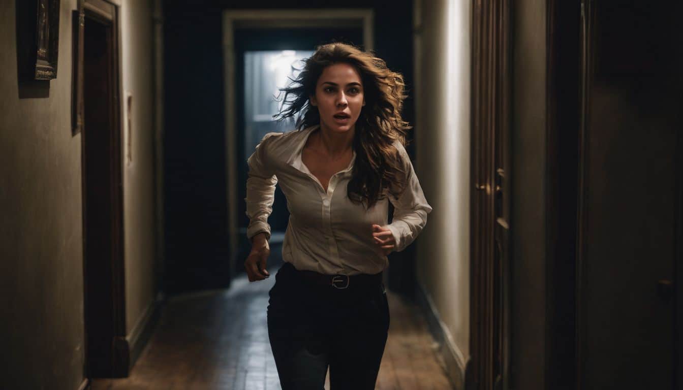 A Photo Of A Terrified Person Running Through A Haunted Hallway With Various Faces, Hairstyles, And Outfits.