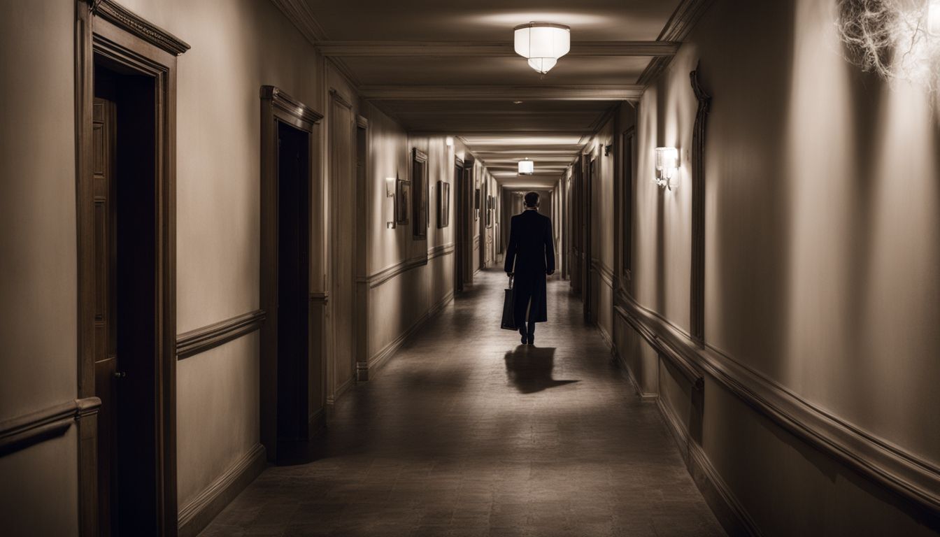 A Photo Of A Eerie Hallway With A Ghostly Figure Lurking In The Shadows, Featuring People Of Different Ethnicities And Styles.