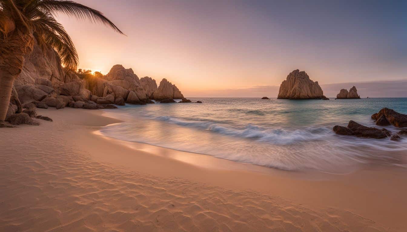 A Serene Sunset On A Beach In Cabo San Lucas Showcasing The Natural Beauty Of The Area.