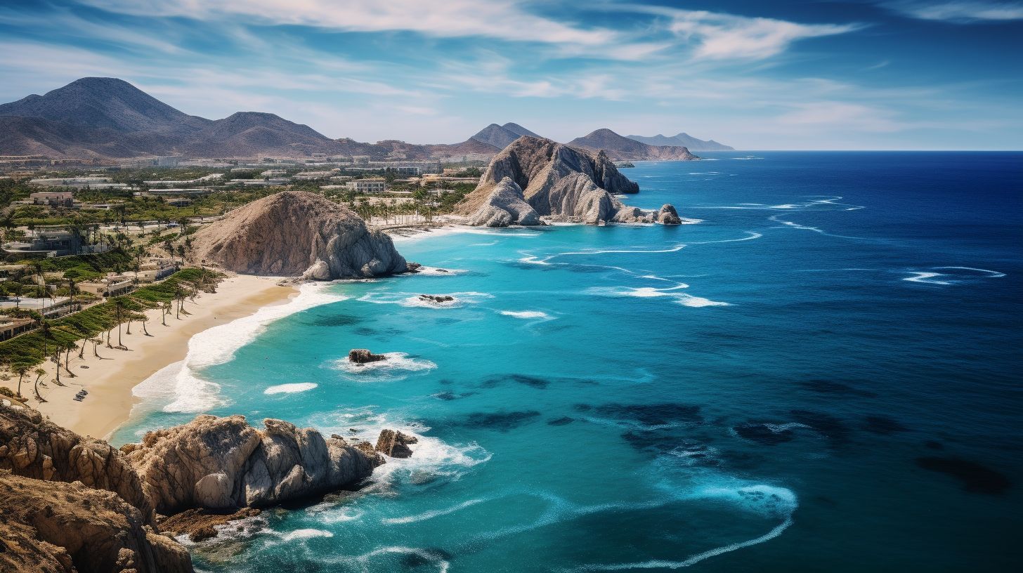 The Photograph Captures The Stunning Aerial View Of Cabo San Lucas With Beautiful Beaches And Clear Blue Skies.