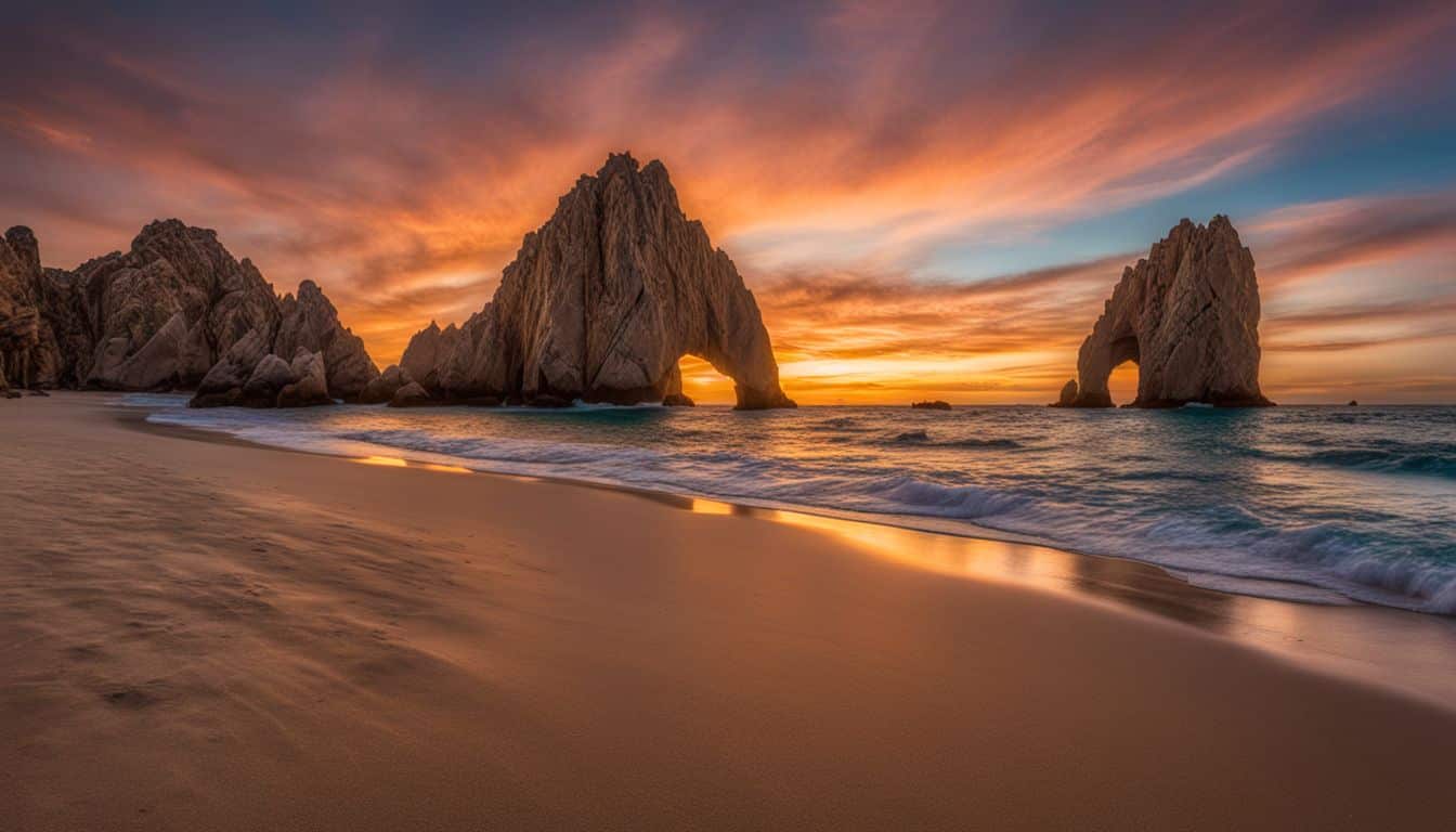 A Vibrant Sunset Over The Iconic Arch Of Cabo San Lucas Captured In Stunning Detail And Clarity.