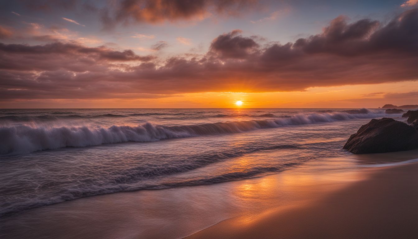 A Captivating Sunset Over A Deserted Beach With Crashing Waves, Showcasing Vibrant Colors And A Serene Atmosphere.