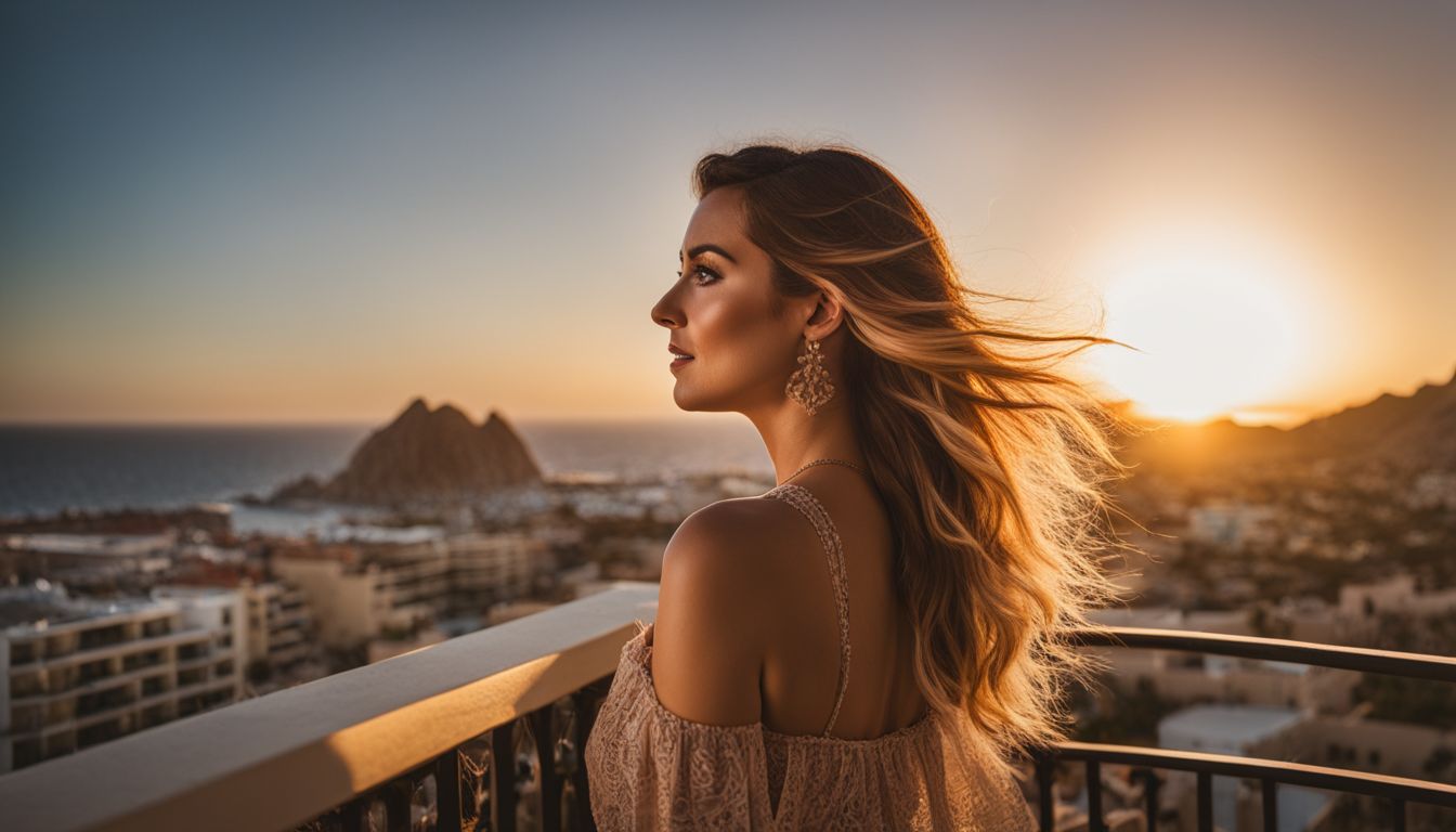 A Woman Enjoys A Beautiful Sunset View Of Cabo San Lucas From A Scenic Balcony.