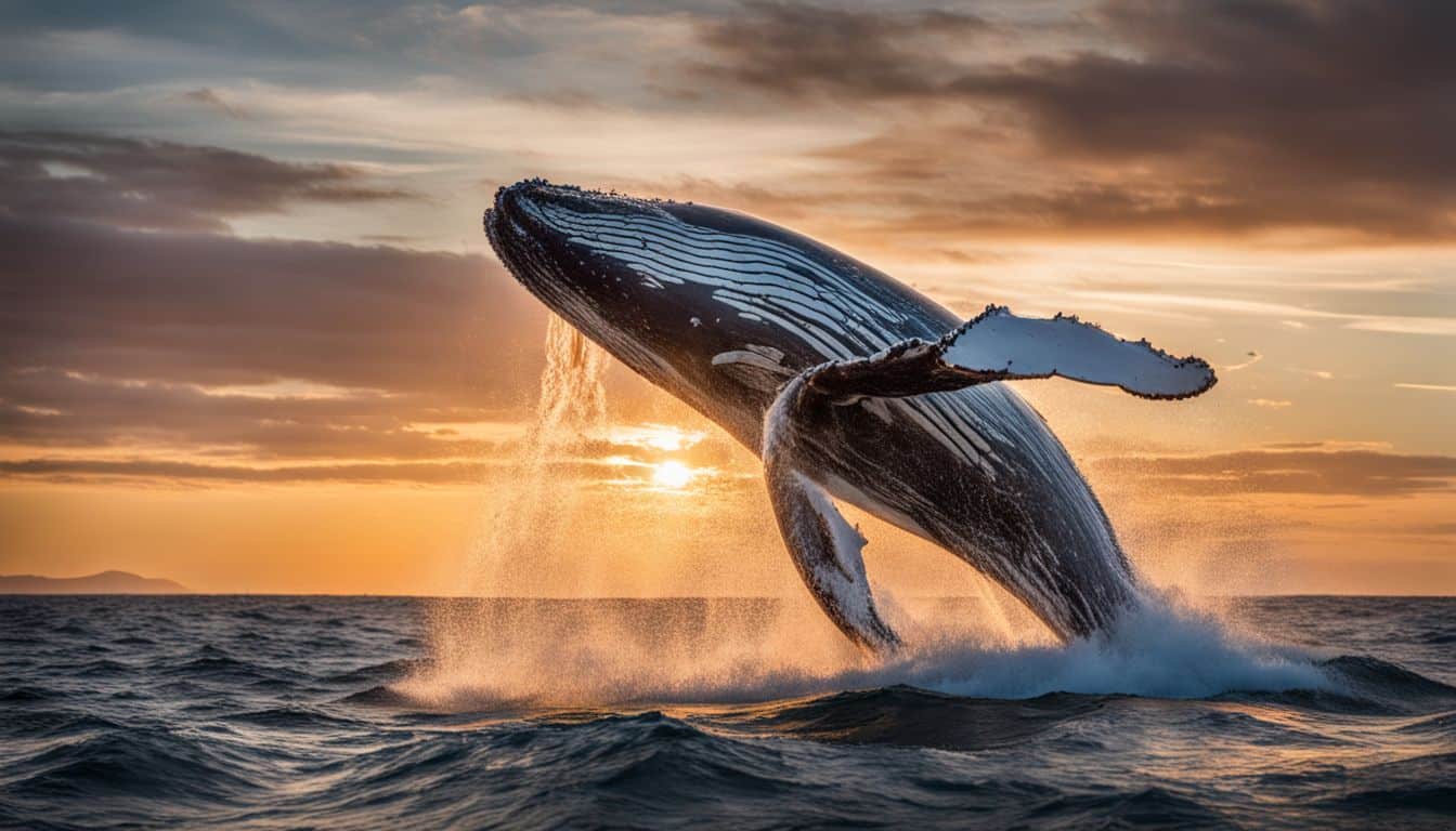 A Stunning Photo Of A Humpback Whale Breaching The Ocean Surface At Sunset, Captured With Impressive Detail And Clarity.