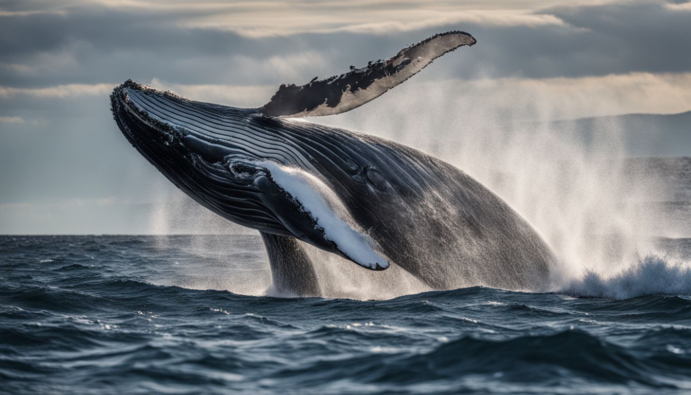 A Wildlife Photograph Featuring A Breaching Whale In The Open Ocean With A Bustling Atmosphere And Crystal Clear Detail.