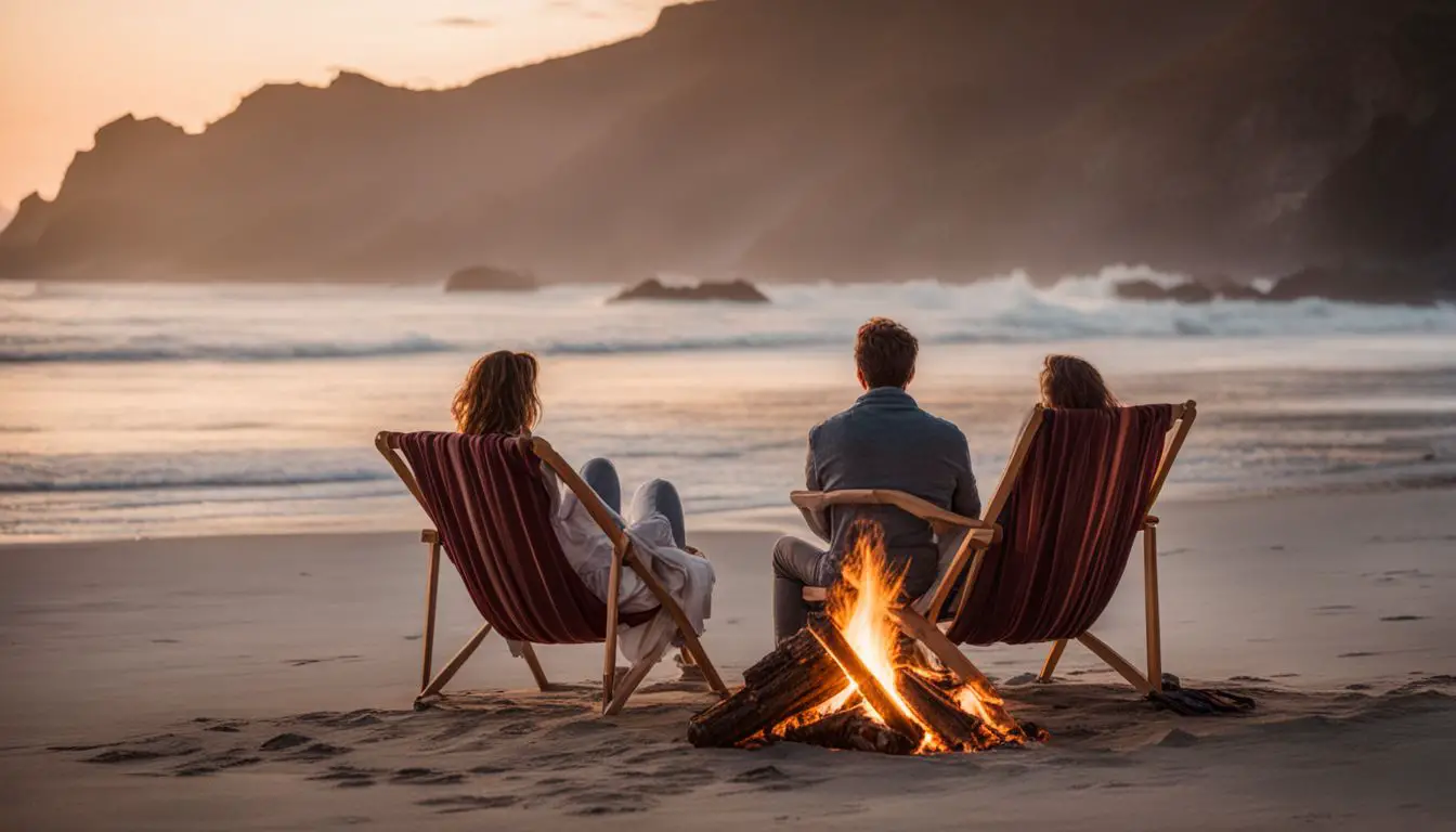 Cabo San Lucas In January: A Cozy Bonfire On The Beach With Chairs And Blankets, Capturing A Bustling Atmosphere And Natural Beauty.