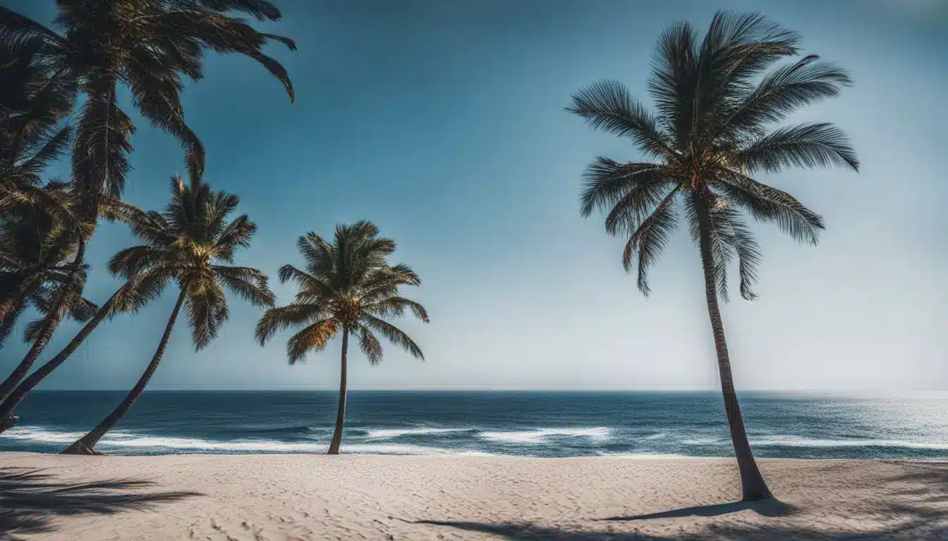 A Vibrant Seascape Photograph Featuring Palm Trees, Crashing Waves, And A Bustling Atmosphere.