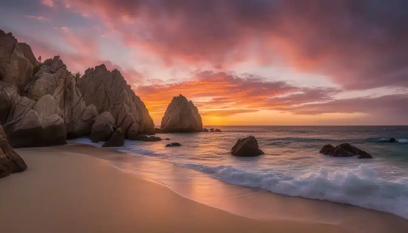 A Stunning Photograph Of A Vibrant Sunset Over The Pristine Beaches Of Cabo San Lucas.
