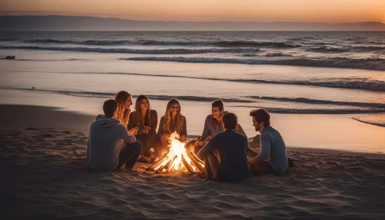 A Diverse Group Of Friends Enjoy A Beach Bonfire At Sunset In A Bustling Atmosphere.