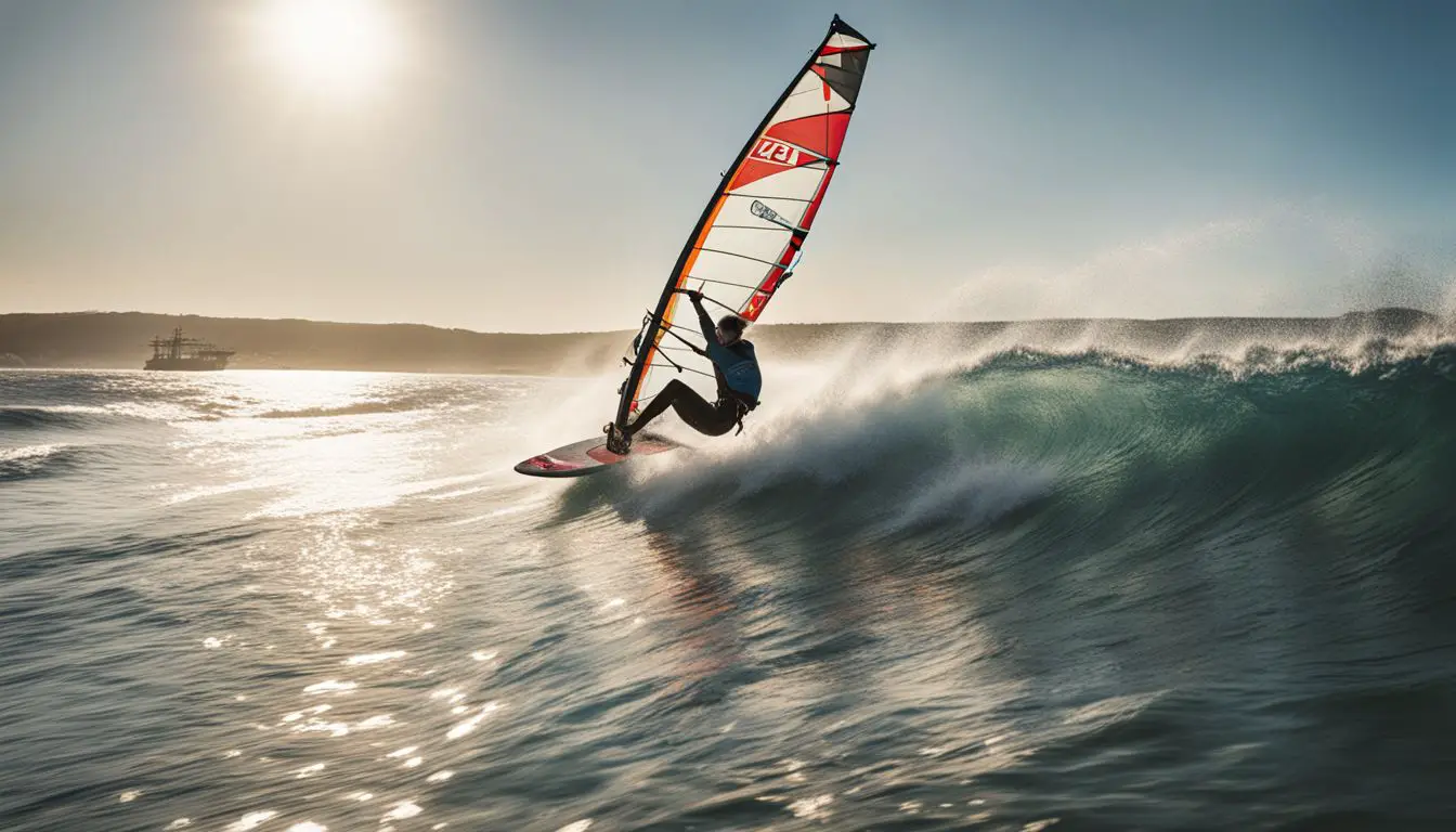 A Windsurfer Gracefully Glides Across The Waves On A Sunny Beach, Captured In Action With Stunning Clarity And Vibrant Colors.