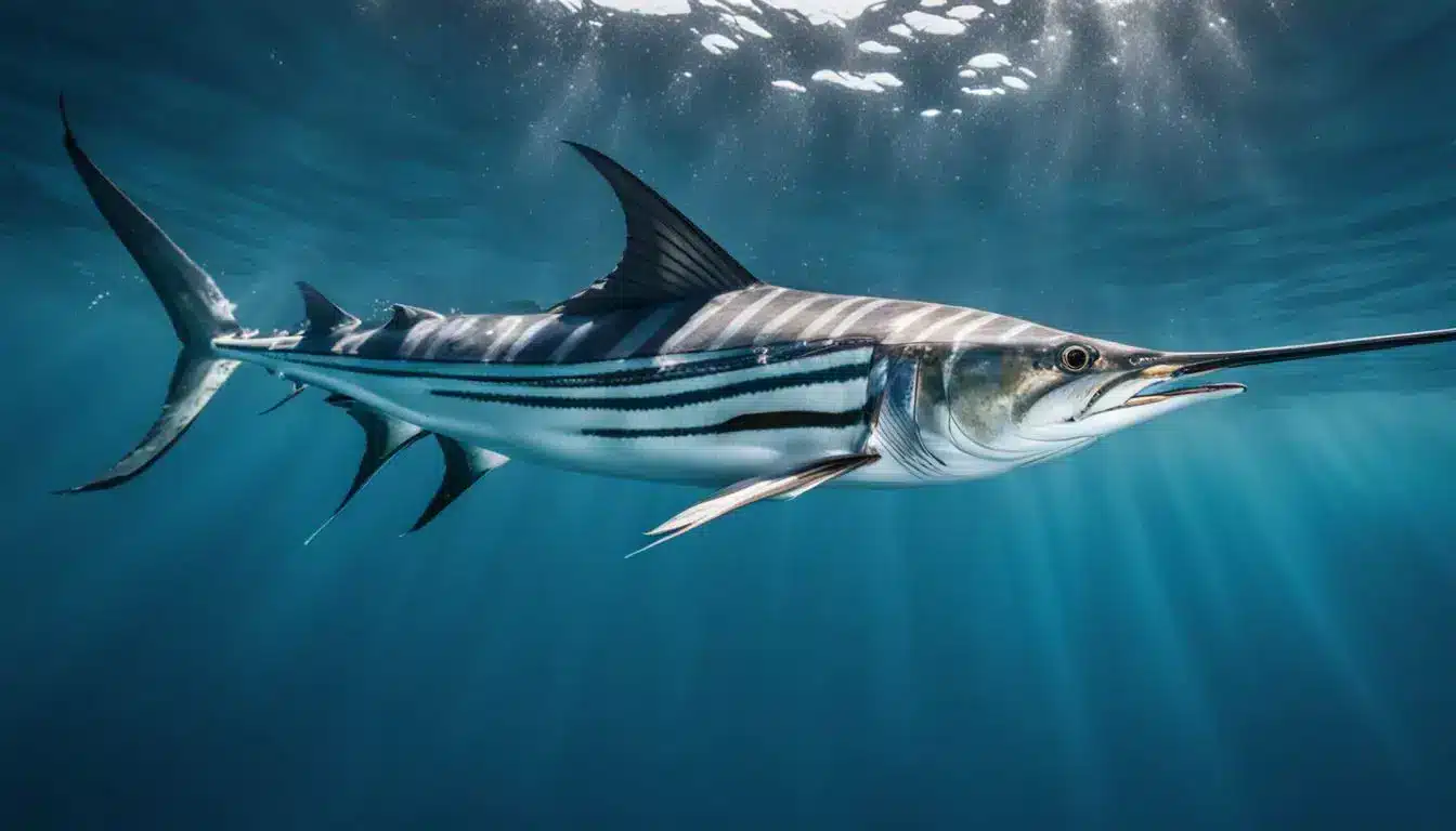 A Stunning Photo Of A Striped Marlin Swimming In Crystal Clear Waters During A Fishing Tournament In Cabo San Lucas.