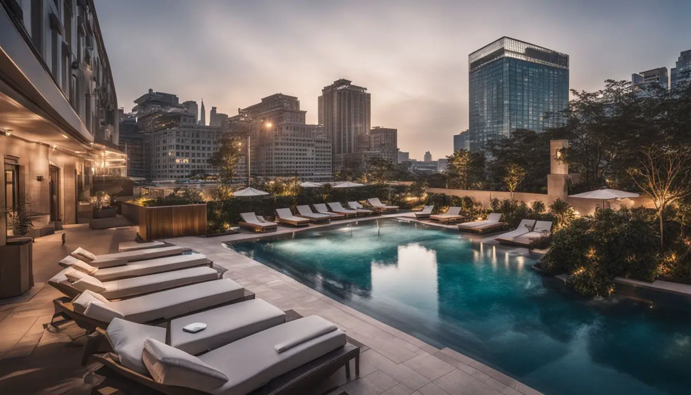 A Luxurious Hotel Swimming Pool Surrounded By Empty Lounge Chairs In A Bustling Cityscape.