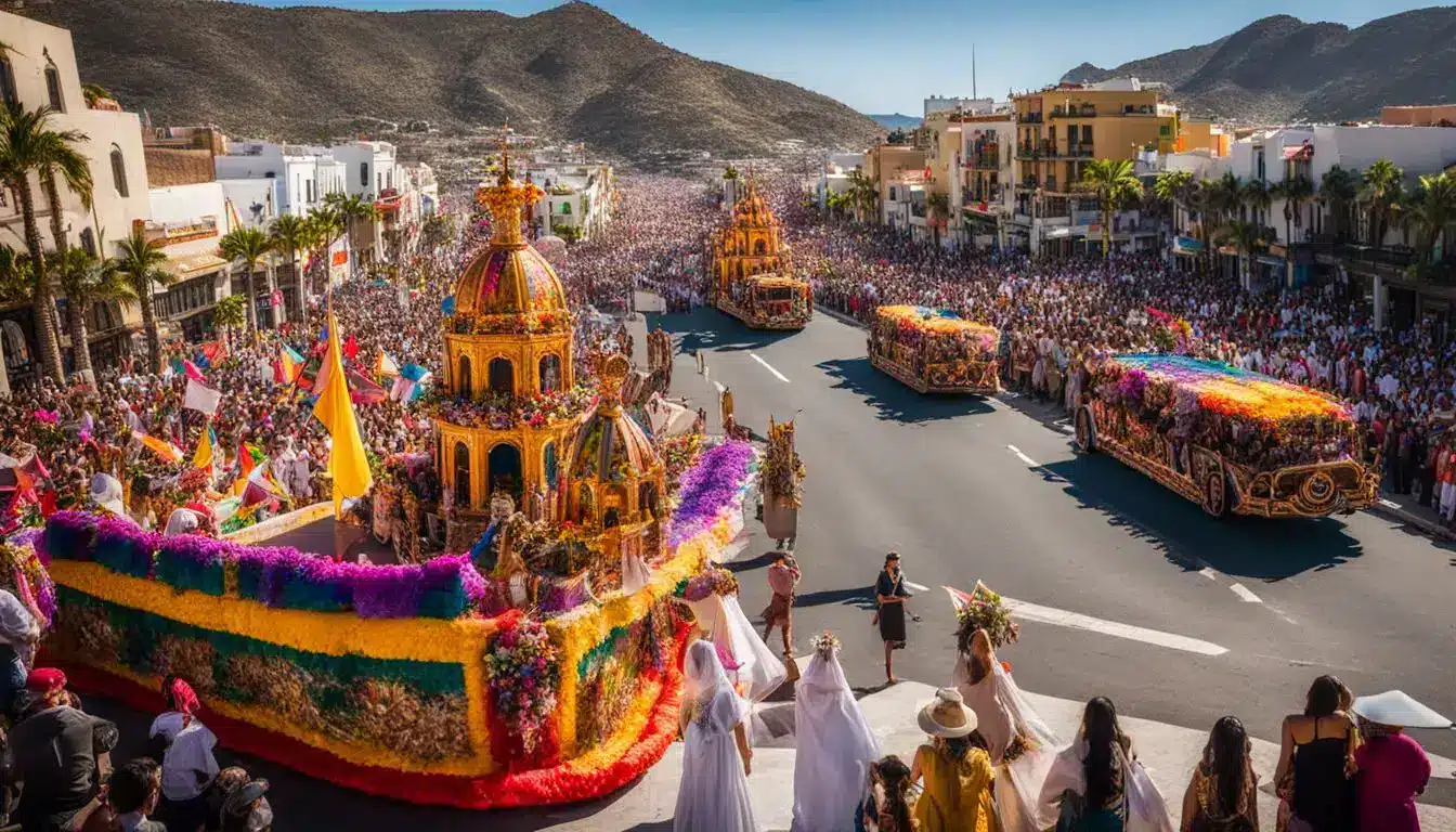 A Photo Of A Vibrant Semana Santa Parade With Colorful Religious Floats In Cabo San Lucas.