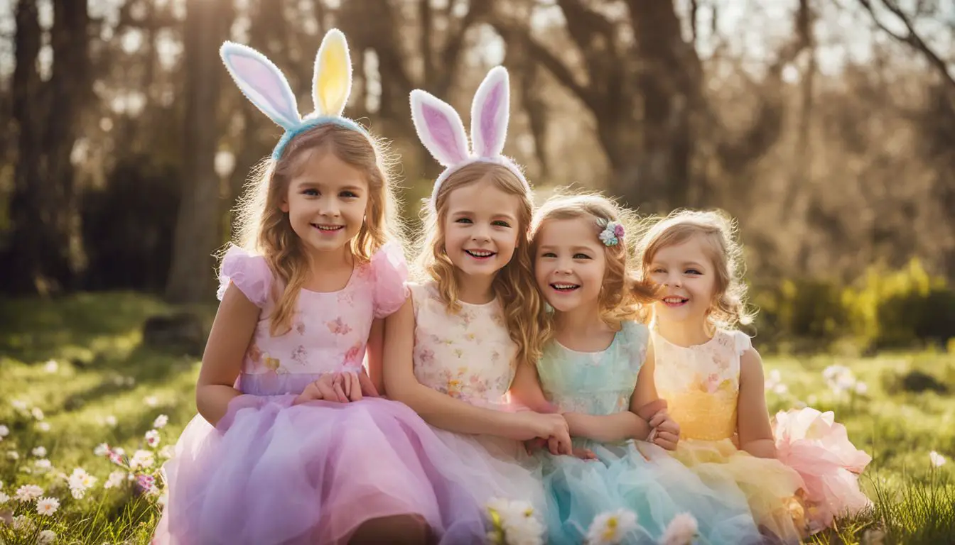 A Group Of Children Dressed In Colorful Easter Outfits Participate In An Outdoor Egg Hunt.