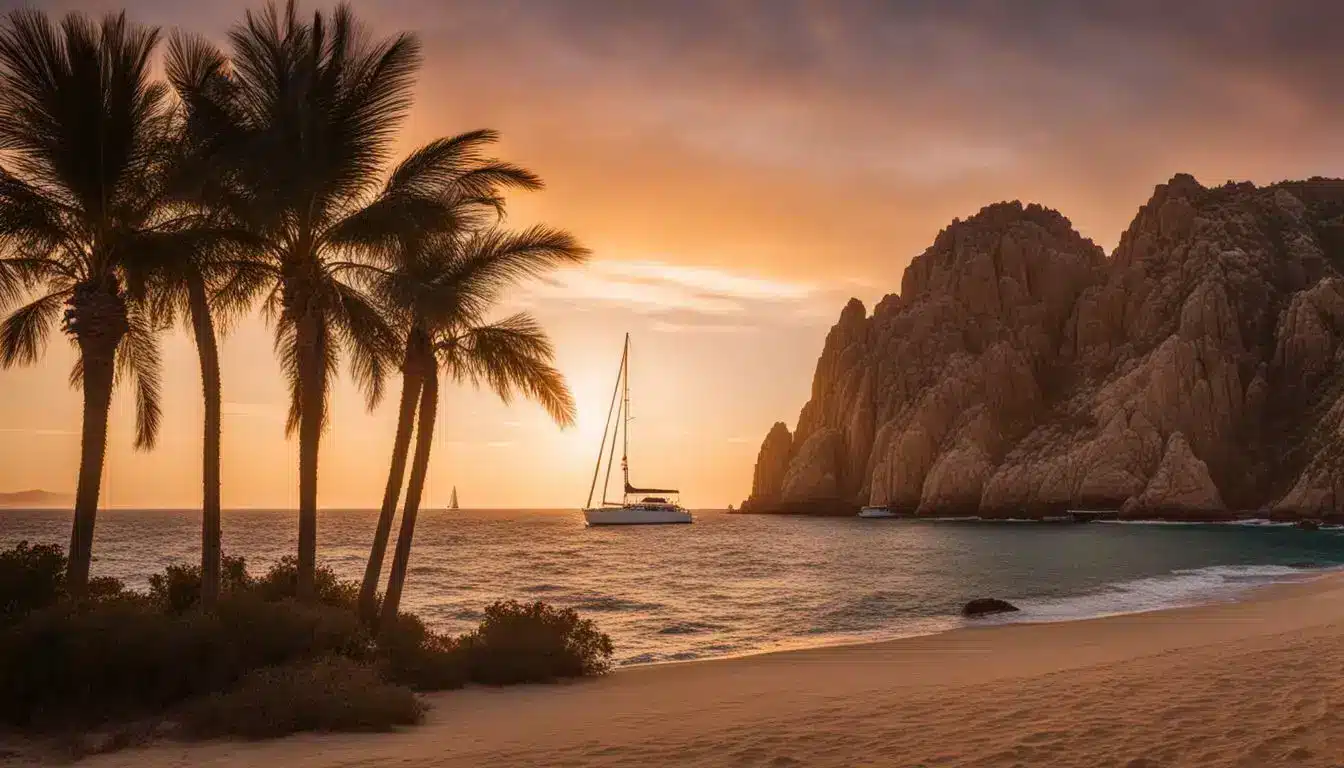 A Beautiful Sunset View Of Cabo San Lucas Bay With Palm Trees, A Calm Ocean, And A Sailboat On The Horizon.