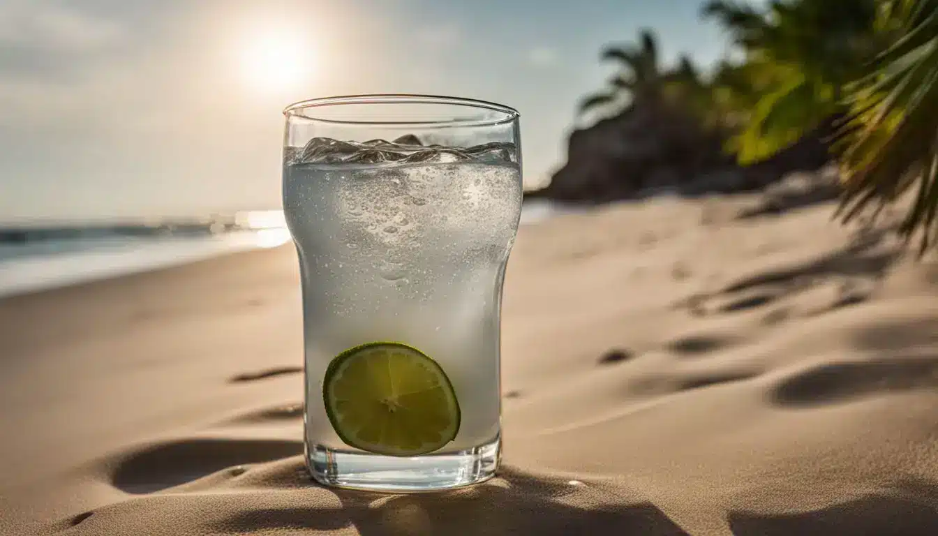 A Photograph Of A Glass Of Water With Droplets On A Tropical Beach, Set Against A Bustling Atmosphere.