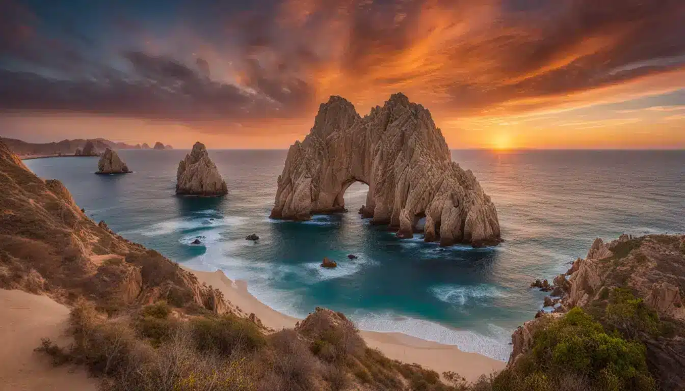 A Stunning Sunset View Of The Arch Of Cabo San Lucas With Various Elements Of Nature And Vibrant Colors.
