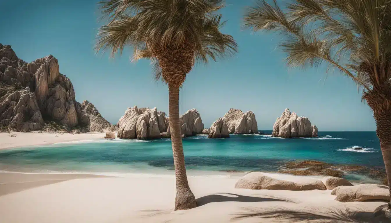 The Image Showcases The Beauty Of Cabo San Lucas's Turquoise Waters, White Sandy Beaches, And Palm Trees.