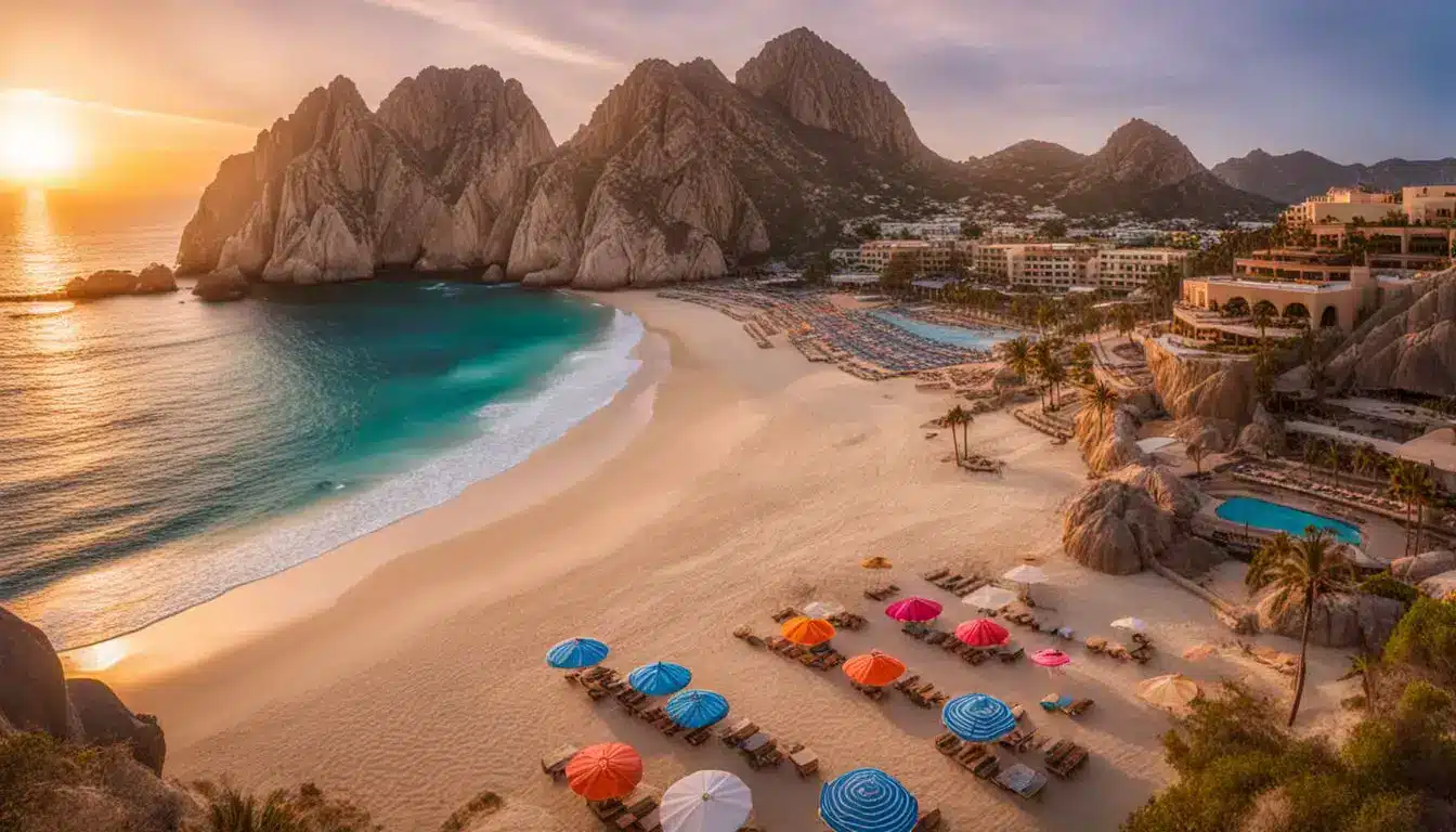 A Picturesque Sunset Scene At Cabo San Lucas Beach With Beach Towels, Umbrellas, And A Cocktail.