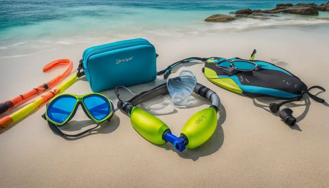 A Vibrant Snorkeling Gear Set Against A Stunning Backdrop Of Crystal Clear Blue Ocean Water.