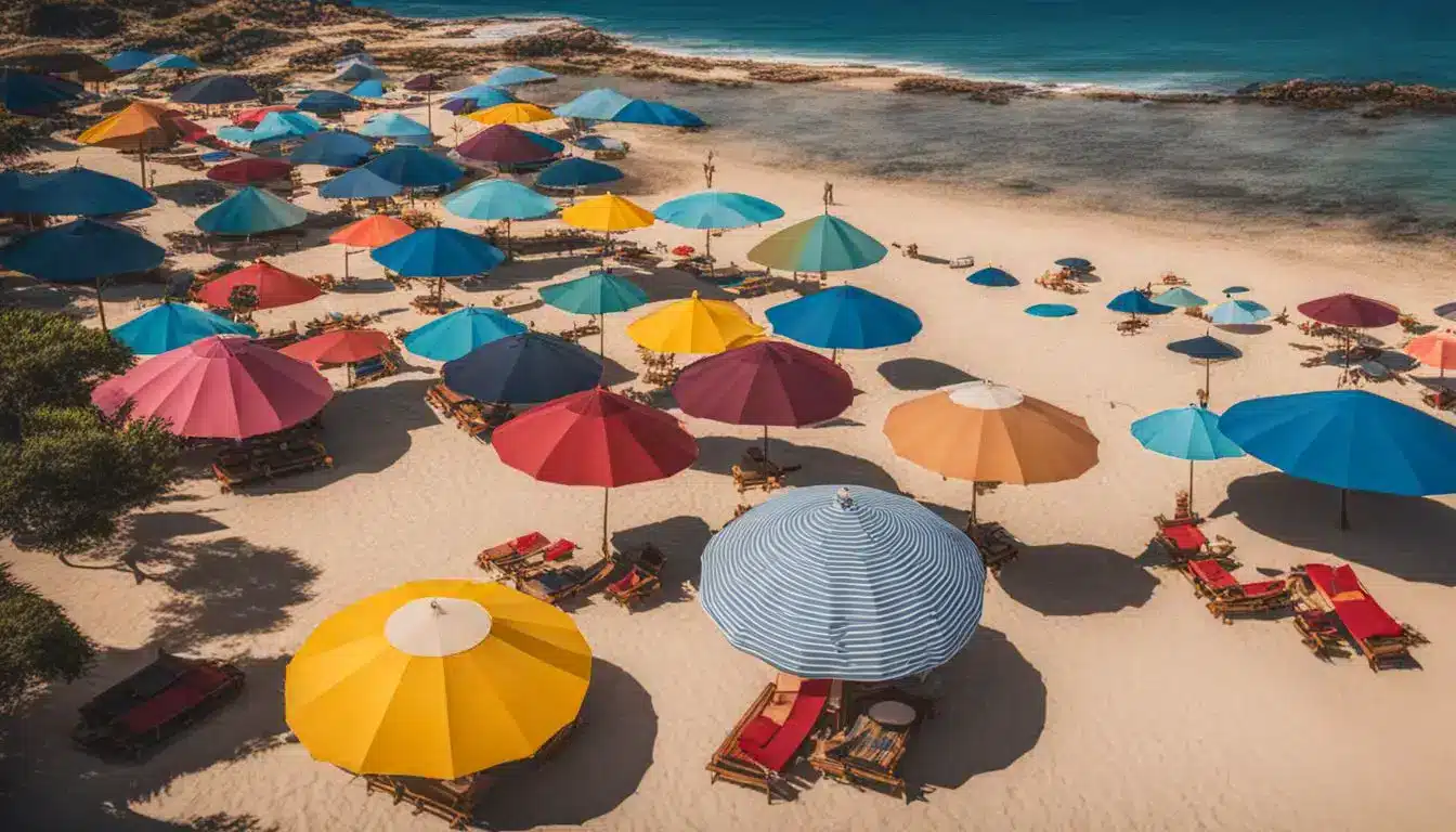A Vibrant Beach Scene With Colorful Umbrellas And Sun Hats, Capturing The Bustling Atmosphere Of A Sunny Day.