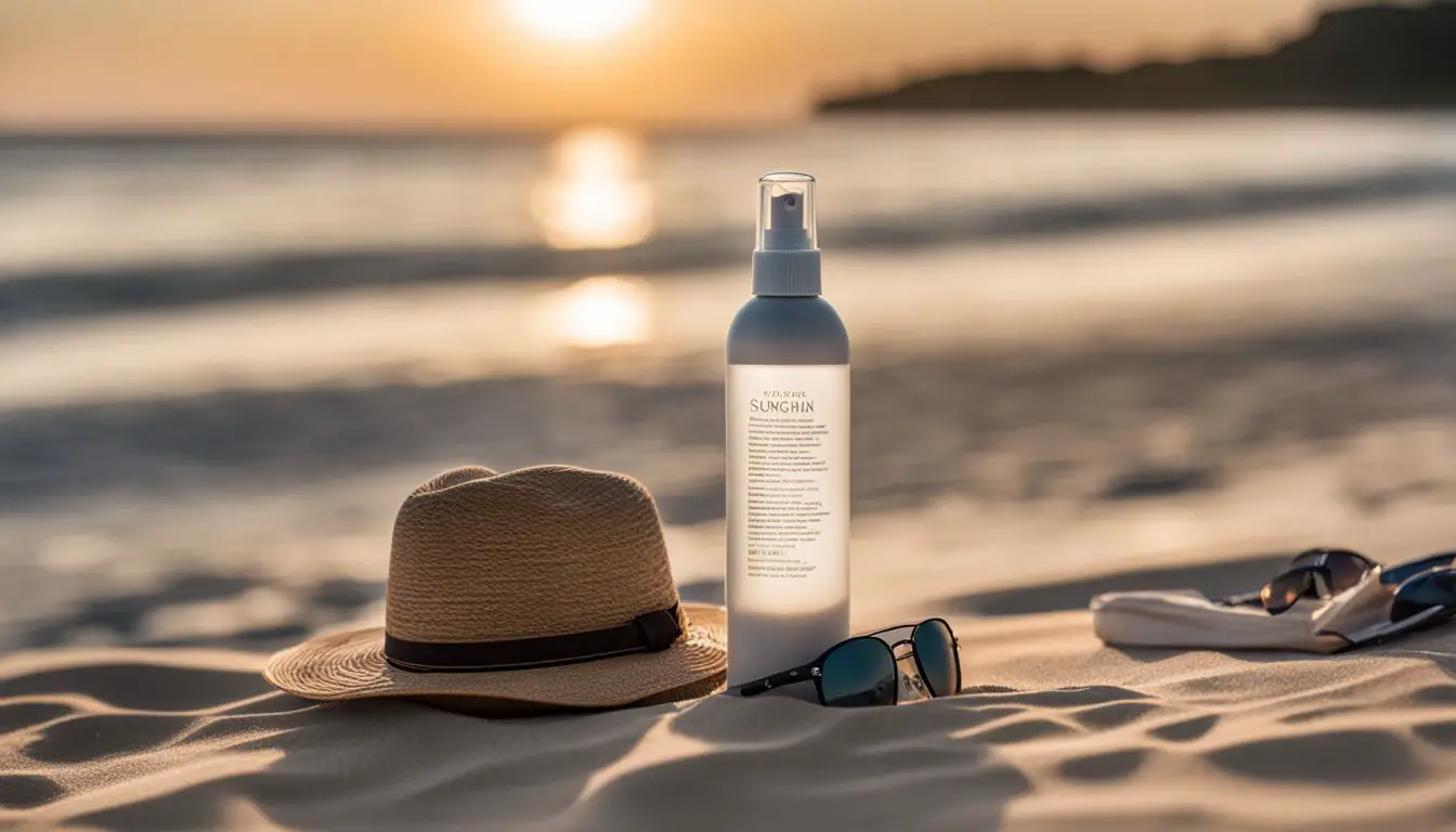 A Beach Scene Showcasing Various Accessories And A Sunscreen Bottle Surrounded By Nature Photography Elements.