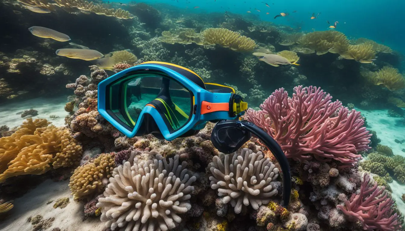 A Vibrant Coral Reef And Colorful Snorkeling Gear In Crystal Clear Waters, Captured In A Stunning Underwater Photograph.
