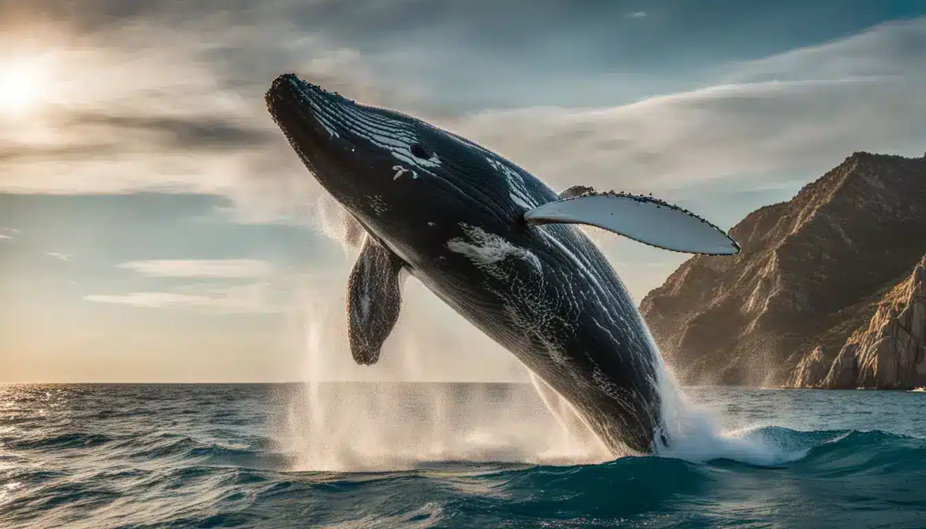 A Majestic Humpback Whale Breaches In The Turquoise Waters Of Cabo San Lucas In A Bustling Atmosphere.